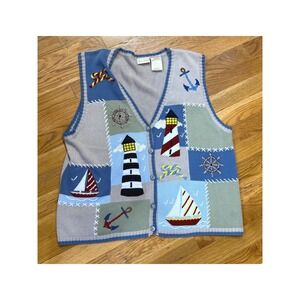 Vintage Bobbie Brooks Nautical Sweater Vest XL Lighthouse Sailboat Grandma Core